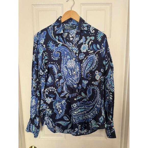 Polo Ralph Lauren Mens Small Paisley Linen Aqua Blue Long Sleeve Button Up Shirt - Picture 5 of 13